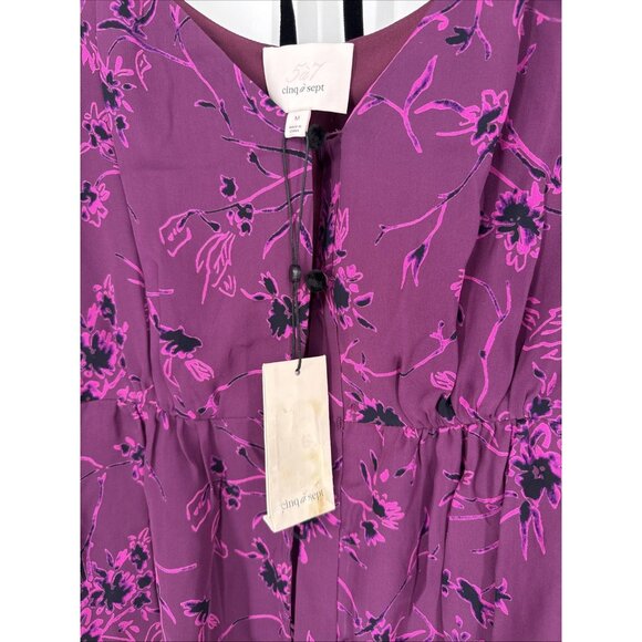 CINQ A SEPT Size Medium MABEL PURPLE FLORAL SILK BLACK VELVET RUFFLE BLOUSE TOP - Picture 12 of 16